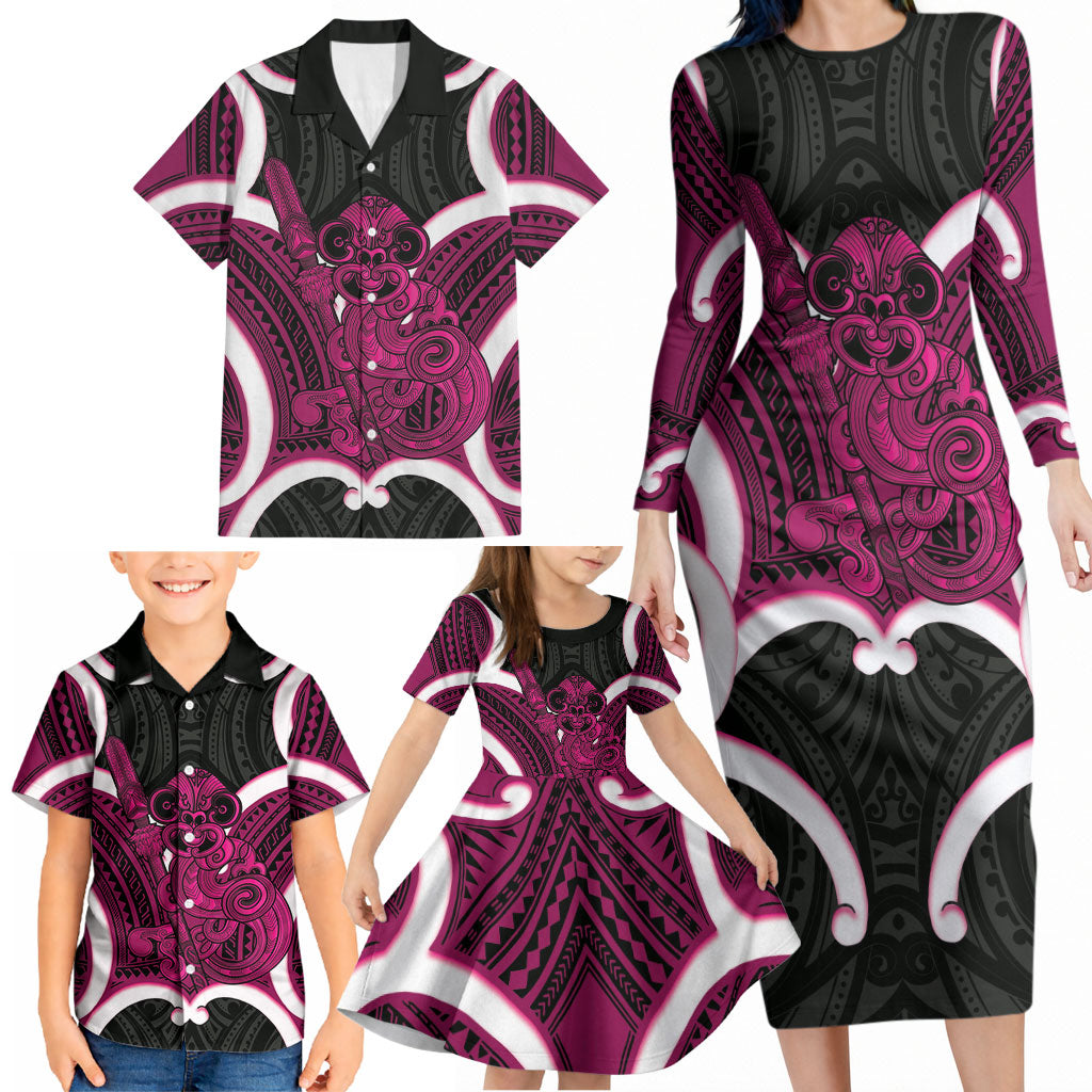 Mawhero Aotearoa Atua Tumatauenga Personalised Family Matching Long Sleeve Bodycon Dress and Hawaiian Shirt Maori God Of War Tiki With Taiaha LT14 - Polynesian Pride