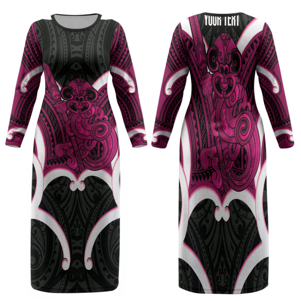 Mawhero Aotearoa Atua Tumatauenga Personalised Family Matching Long Sleeve Bodycon Dress and Hawaiian Shirt Maori God Of War Tiki With Taiaha LT14 Mom's Dress Pink - Polynesian Pride