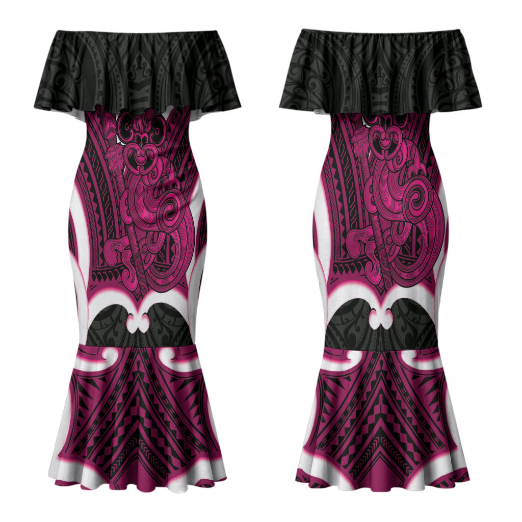 Mawhero Aotearoa Atua Tumatauenga Personalised Family Matching Mermaid Dress and Hawaiian Shirt Maori God Of War Tiki With Taiaha LT14 Mom's Dress Pink - Polynesian Pride