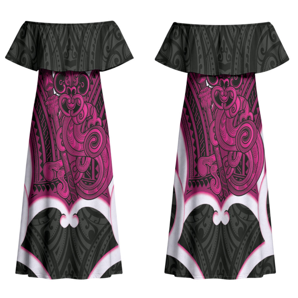 Mawhero Aotearoa Atua Tumatauenga Personalised Family Matching Off Shoulder Maxi Dress and Hawaiian Shirt Maori God Of War Tiki With Taiaha LT14 Mom's Dress Pink - Polynesian Pride