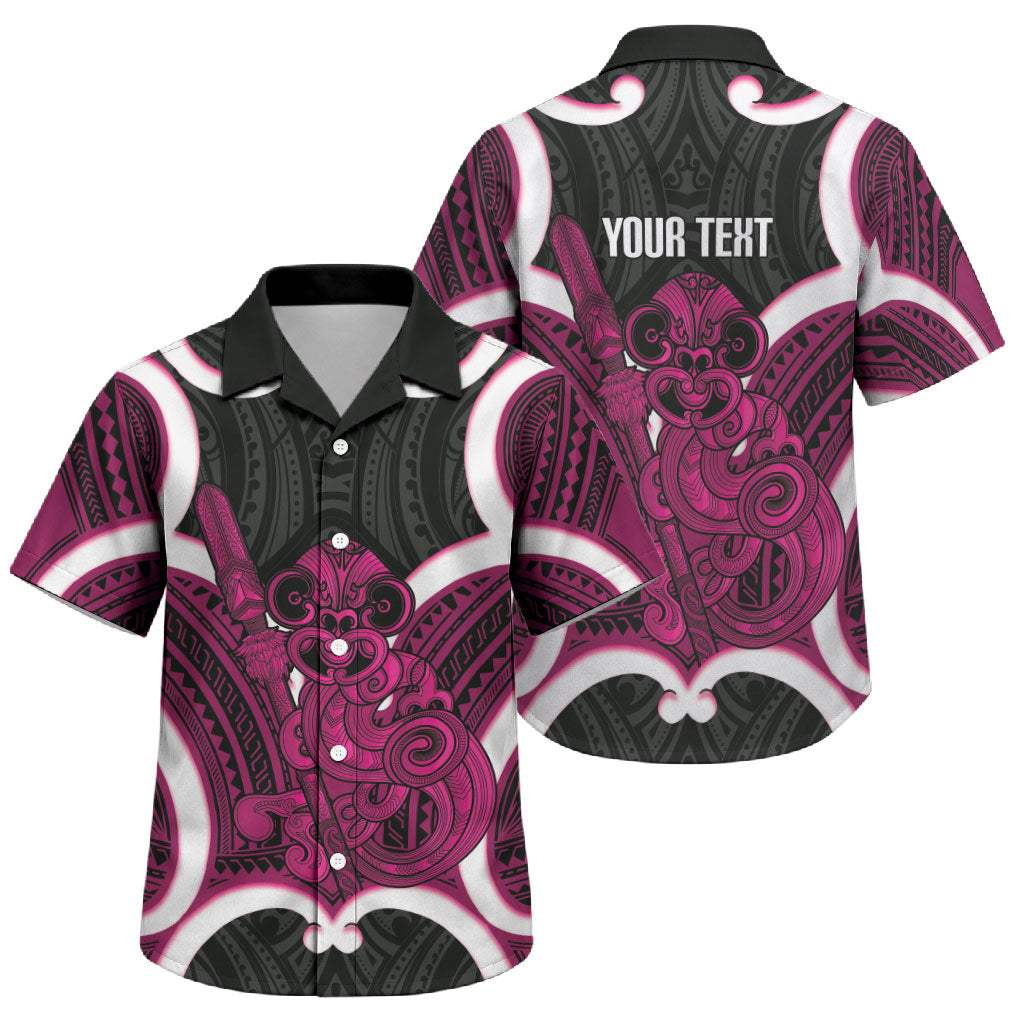 Mawhero Aotearoa Atua Tumatauenga Personalised Family Matching Off Shoulder Short Dress and Hawaiian Shirt Maori God Of War Tiki With Taiaha LT14 Son's Shirt Pink - Polynesian Pride