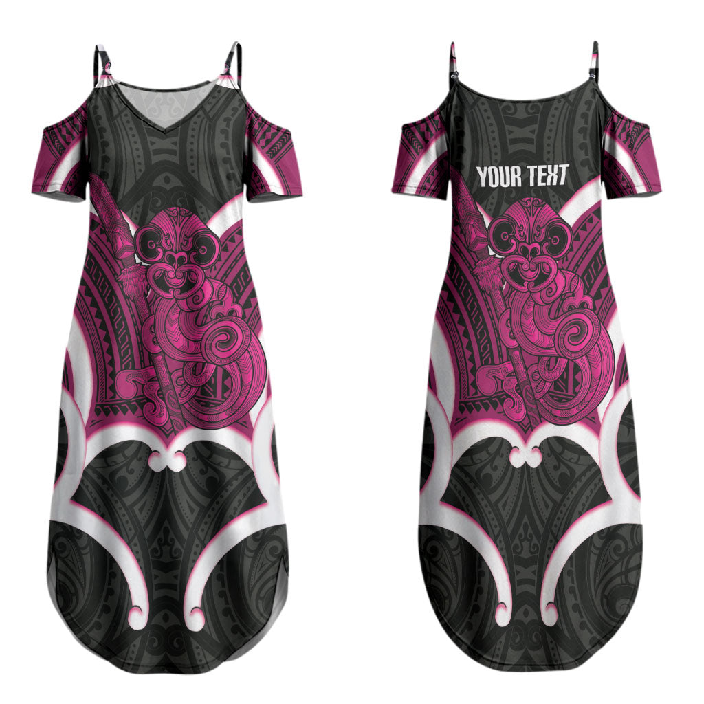 Mawhero Aotearoa Atua Tumatauenga Personalised Family Matching Summer Maxi Dress and Hawaiian Shirt Maori God Of War Tiki With Taiaha LT14 Mom's Dress Pink - Polynesian Pride