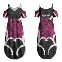 Mawhero Aotearoa Atua Tumatauenga Personalised Family Matching Summer Maxi Dress and Hawaiian Shirt Maori God Of War Tiki With Taiaha LT14 Mom's Dress Pink - Polynesian Pride