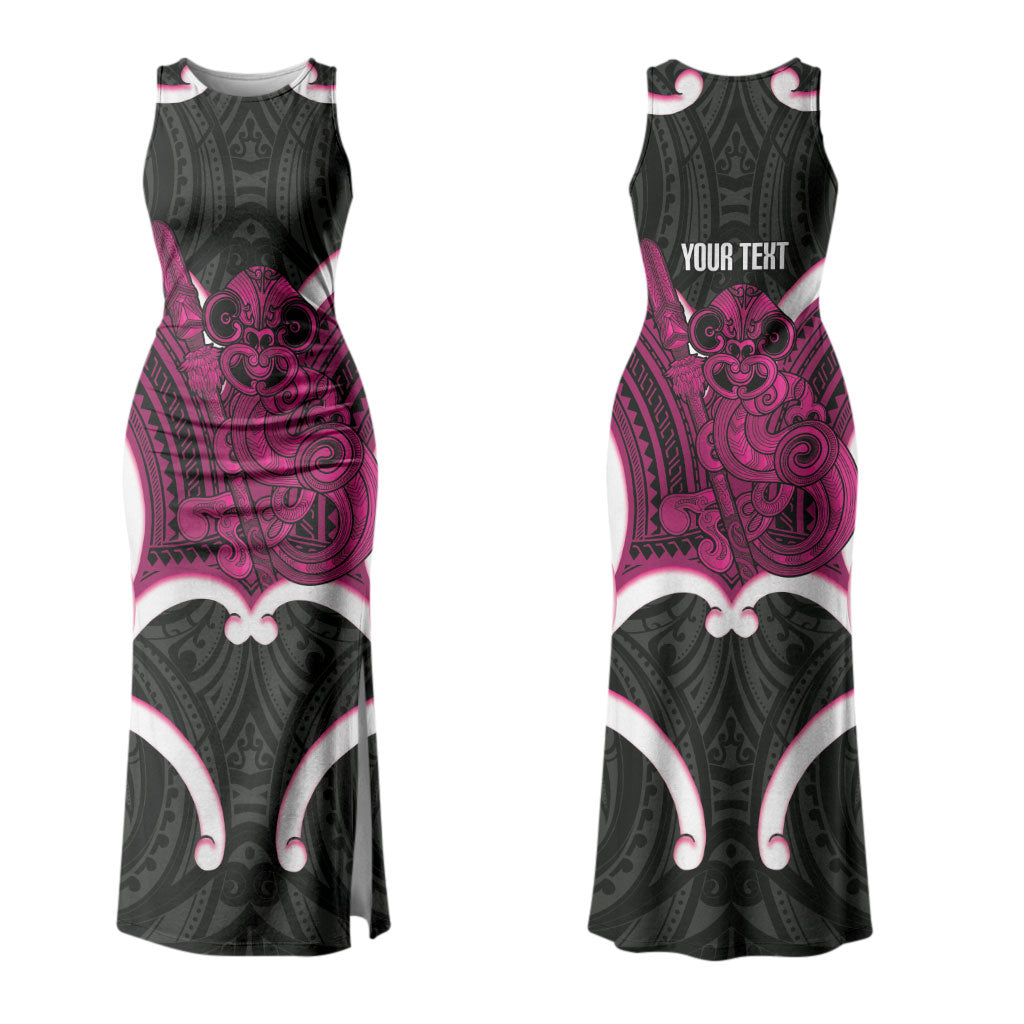 Mawhero Aotearoa Atua Tumatauenga Personalised Family Matching Tank Maxi Dress and Hawaiian Shirt Maori God Of War Tiki With Taiaha LT14 Mom's Dress Pink - Polynesian Pride