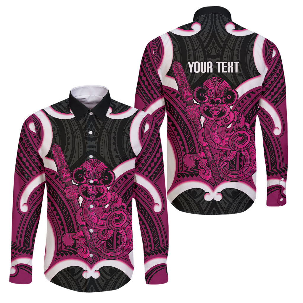 Mawhero Aotearoa Atua Tumatauenga Personalised Family Matching Tank Maxi Dress and Hawaiian Shirt Maori God Of War Tiki With Taiaha LT14 Dad's Shirt - Long Sleeve Pink - Polynesian Pride