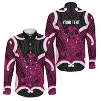 Mawhero Aotearoa Atua Tumatauenga Personalised Family Matching Tank Maxi Dress and Hawaiian Shirt Maori God Of War Tiki With Taiaha LT14 Dad's Shirt - Long Sleeve Pink - Polynesian Pride