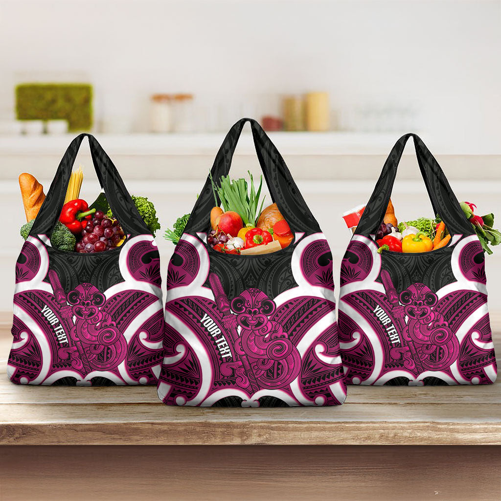 Mawhero Aotearoa Atua Tumatauenga Personalised Grocery Bag Maori God Of War Tiki With Taiaha LT14 3-pack One Size Pink - Polynesian Pride