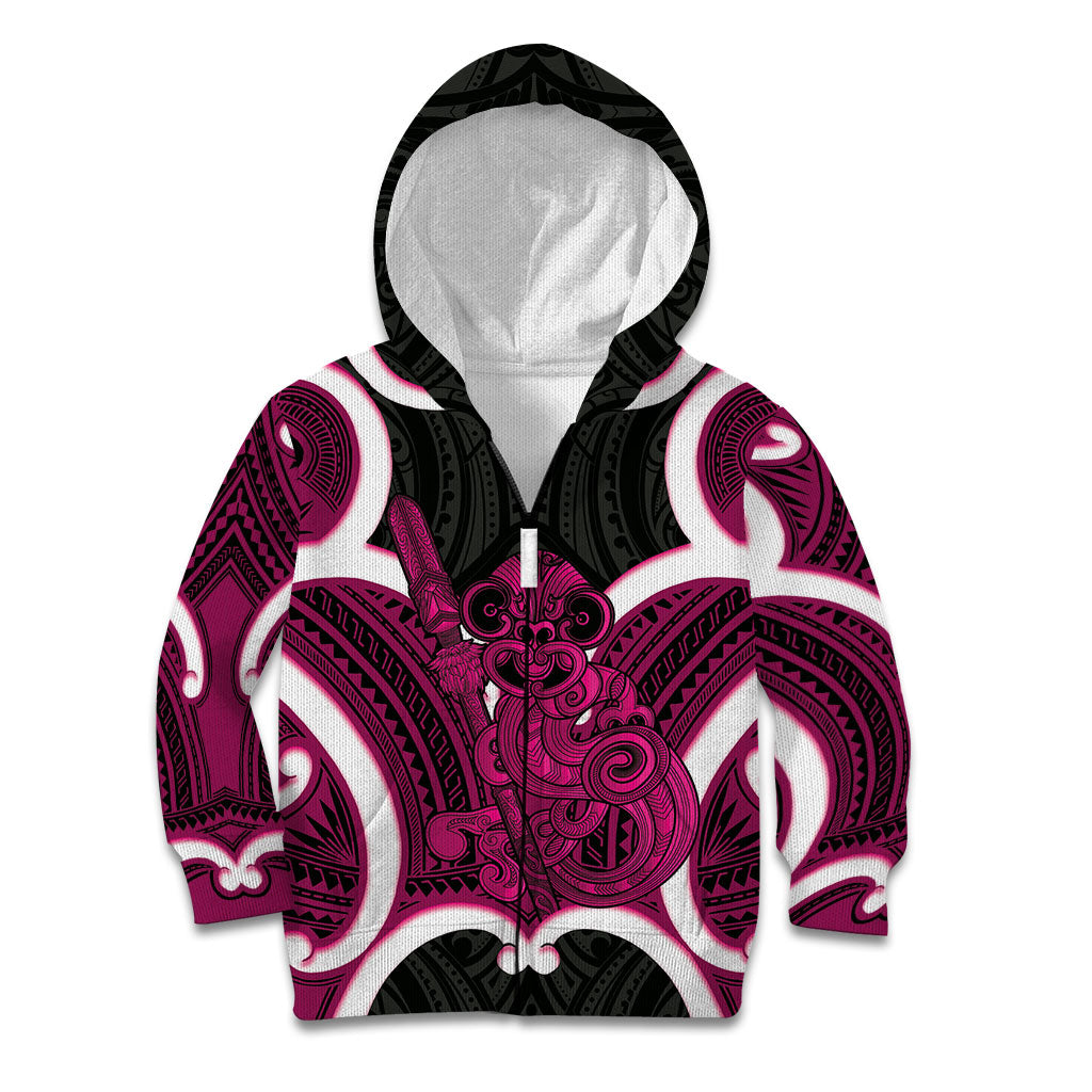 Mawhero Aotearoa Atua Tumatauenga Personalised Kid Hoodie Maori God Of War Tiki With Taiaha LT14 Zip Hoodie Pink - Polynesian Pride