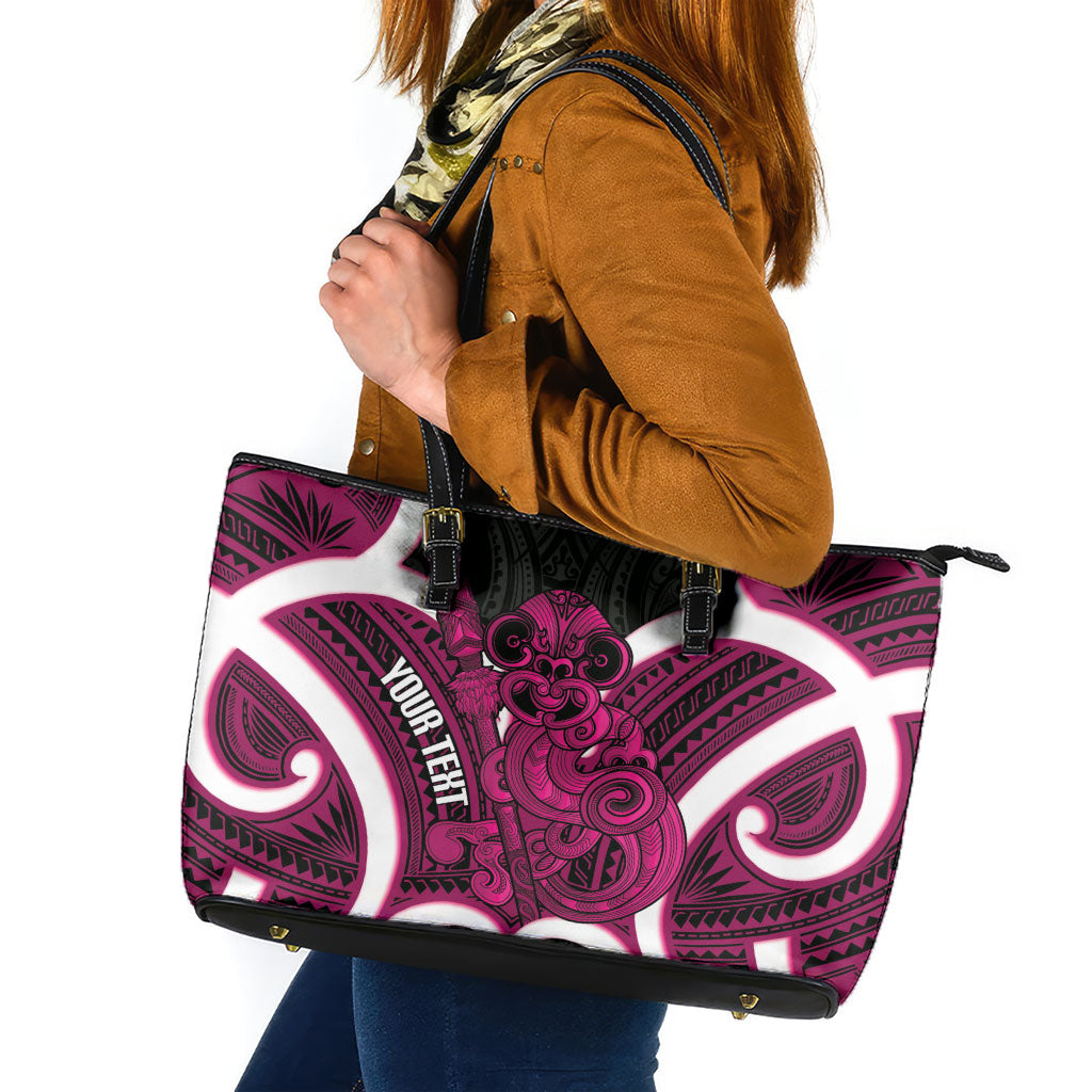 Mawhero Aotearoa Atua Tumatauenga Personalised Leather Tote Bag Maori God Of War Tiki With Taiaha LT14 Pink - Polynesian Pride