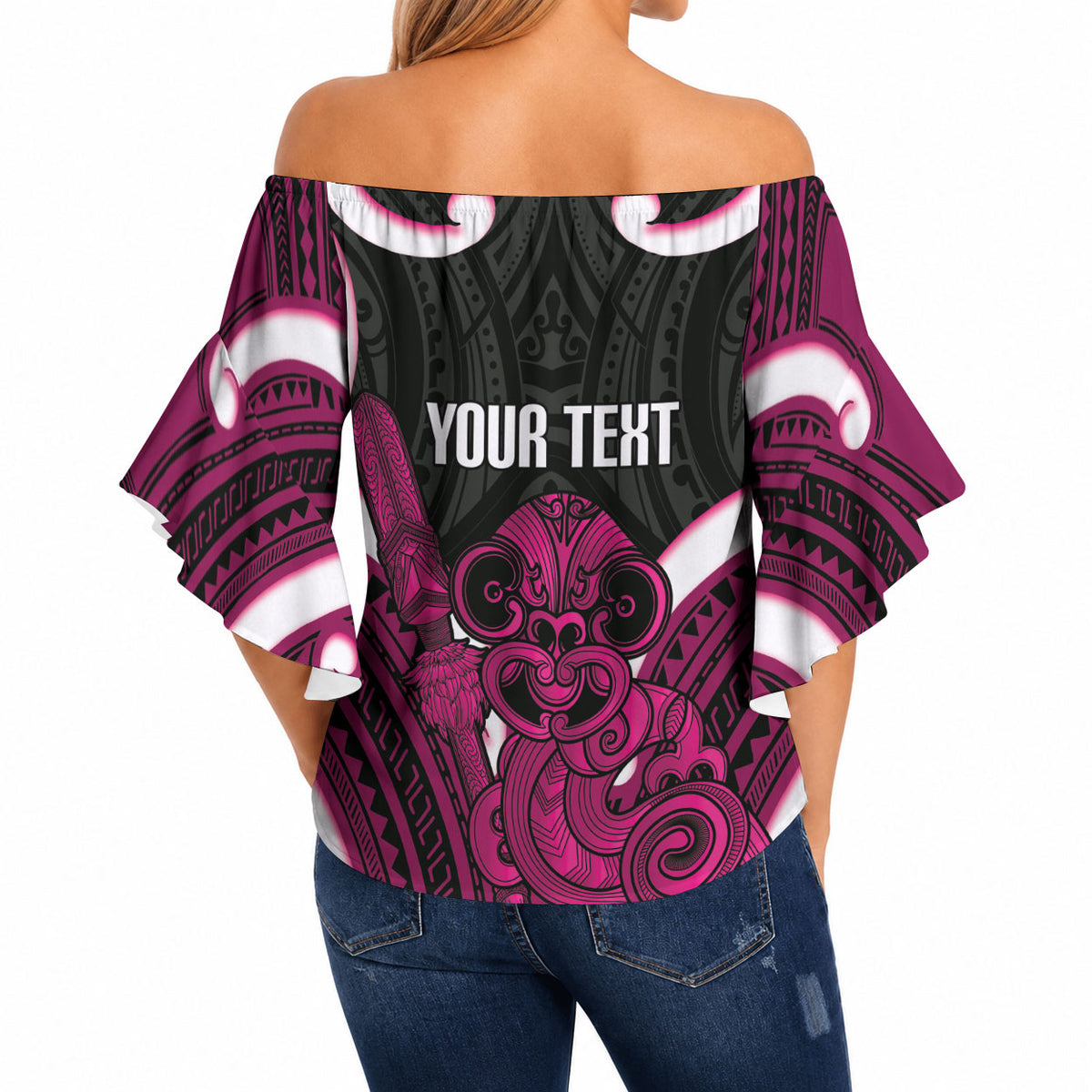 Mawhero Aotearoa Atua Tumatauenga Personalised Off Shoulder Wrap Waist Top Maori God Of War Tiki With Taiaha LT14 - Polynesian Pride