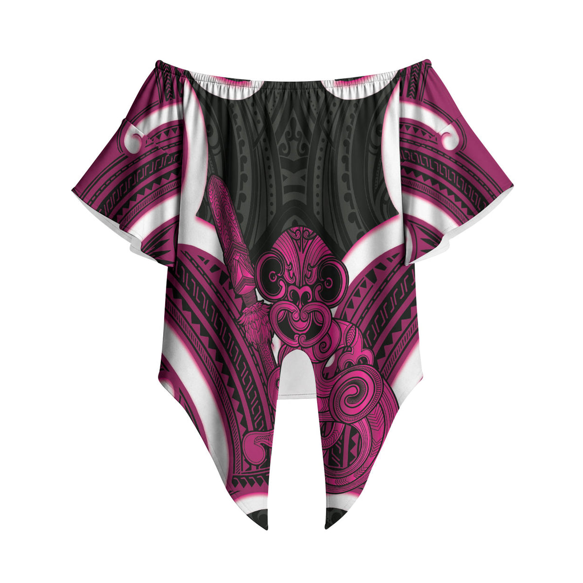 Mawhero Aotearoa Atua Tumatauenga Personalised Off Shoulder Wrap Waist Top Maori God Of War Tiki With Taiaha LT14 - Polynesian Pride