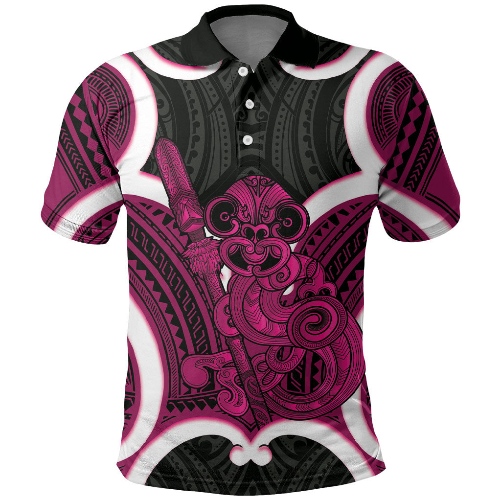 Mawhero Aotearoa Atua Tumatauenga Personalised Polo Shirt Maori God Of War Tiki With Taiaha LT14 Pink - Polynesian Pride