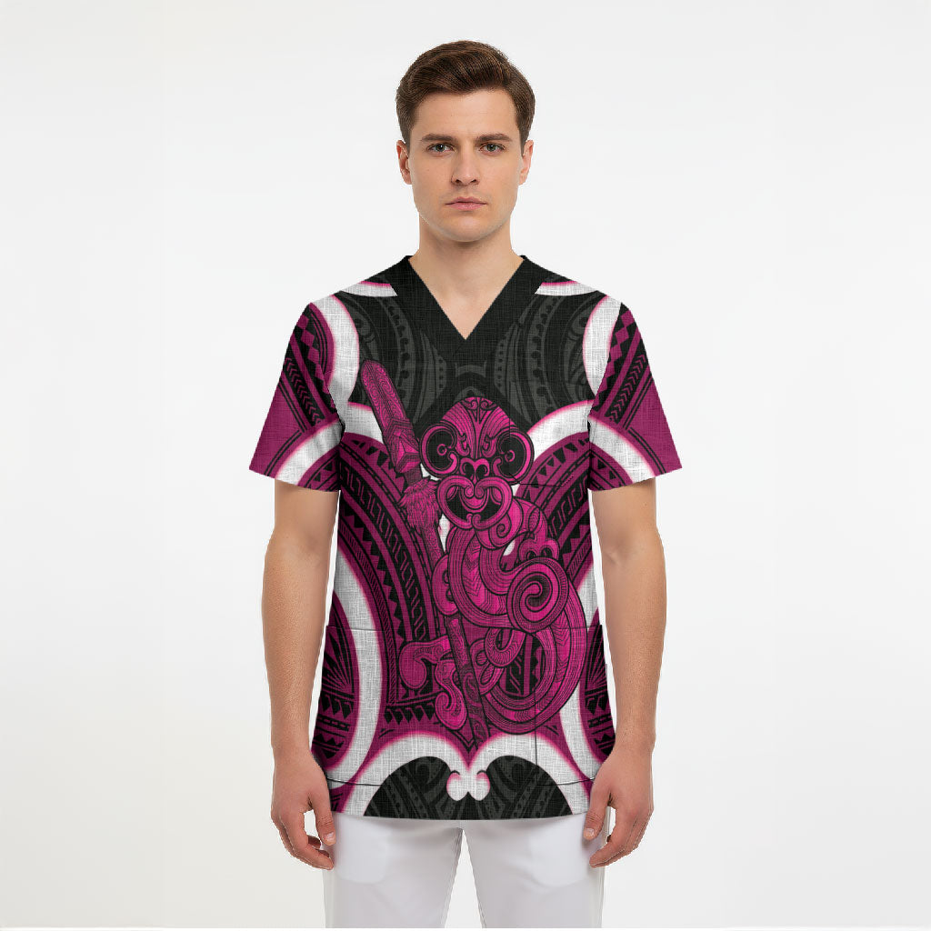Mawhero Aotearoa Atua Tumatauenga Personalised Scrub Top Maori God Of War Tiki With Taiaha LT14 - Polynesian Pride