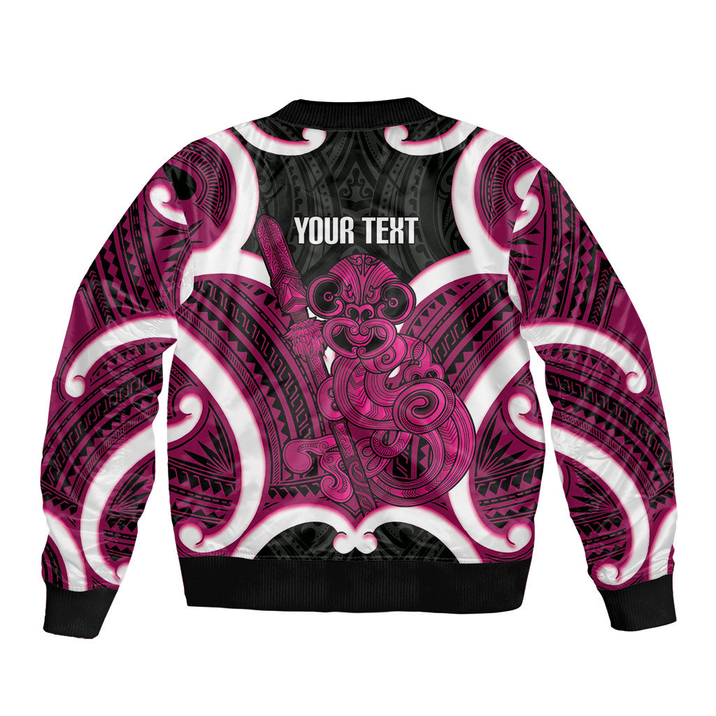 Mawhero Aotearoa Atua Tumatauenga Personalised Sleeve Zip Bomber Jacket Maori God Of War Tiki With Taiaha LT14 - Polynesian Pride
