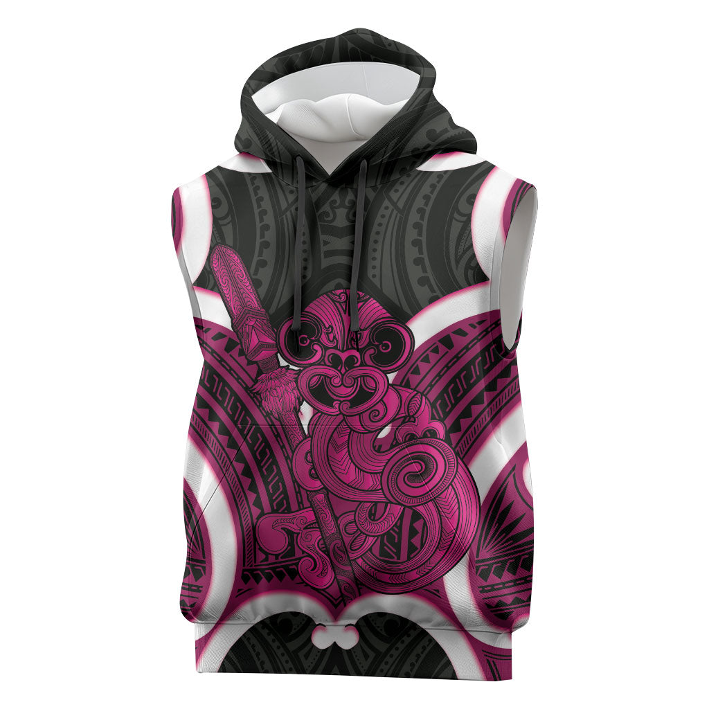 Mawhero Aotearoa Atua Tumatauenga Personalised Sleeveless Hoodie Maori God Of War Tiki With Taiaha LT14 Pink - Polynesian Pride