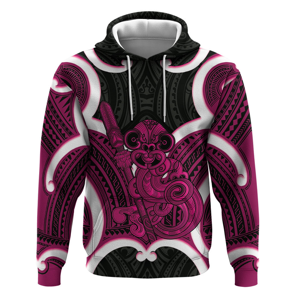 Mawhero Aotearoa Atua Tumatauenga Personalised Zip Hoodie Maori God Of War Tiki With Taiaha LT14 Pullover Hoodie Pink - Polynesian Pride