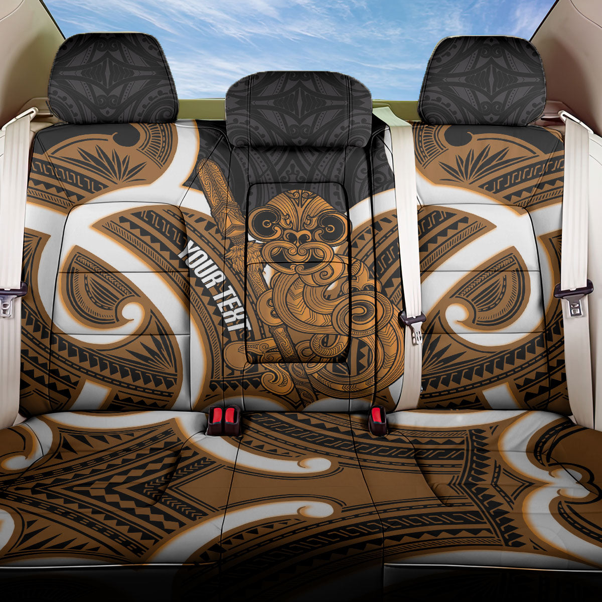 Karaka Aotearoa Atua Tumatauenga Personalised Back Car Seat Cover Maori God Of War Tiki With Taiaha LT14 One Size Orange - Polynesian Pride
