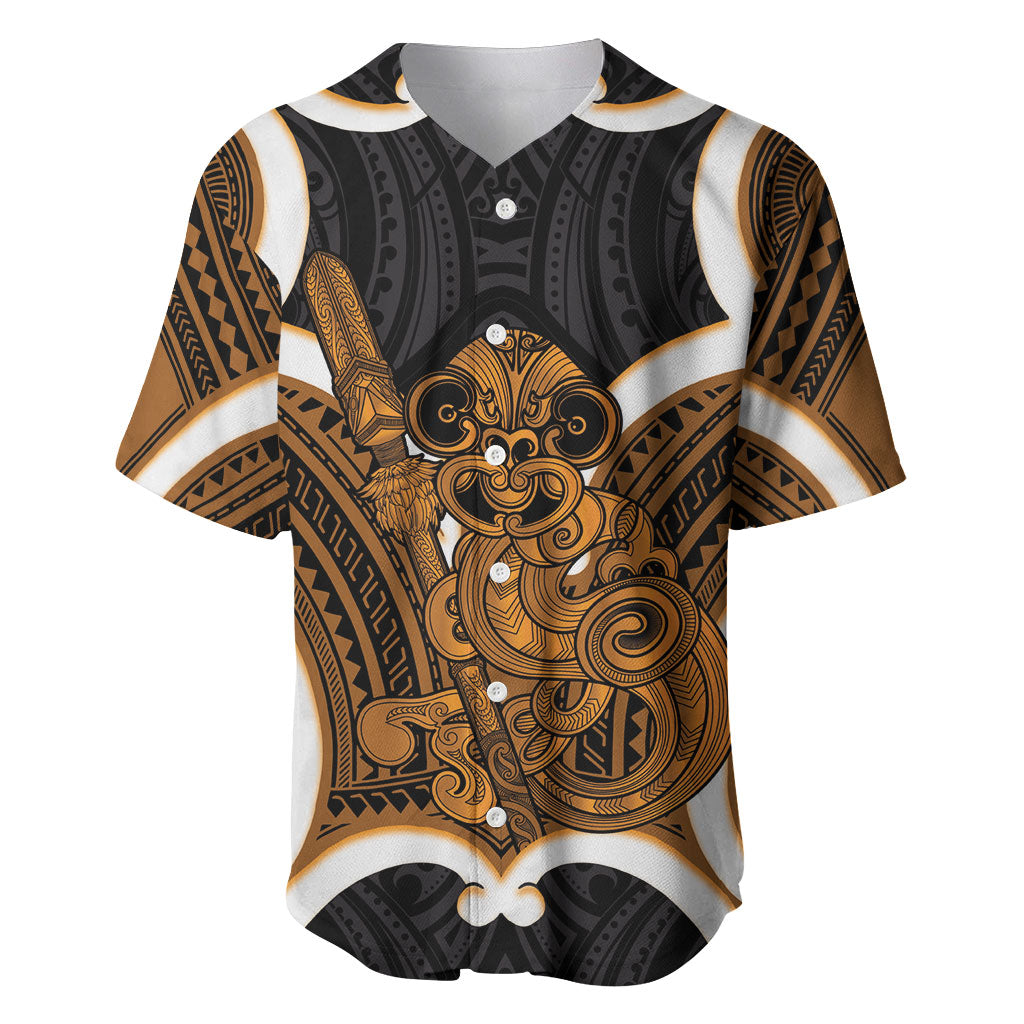 Karaka Aotearoa Atua Tumatauenga Personalised Baseball Jersey Maori God Of War Tiki With Taiaha LT14 Orange - Polynesian Pride