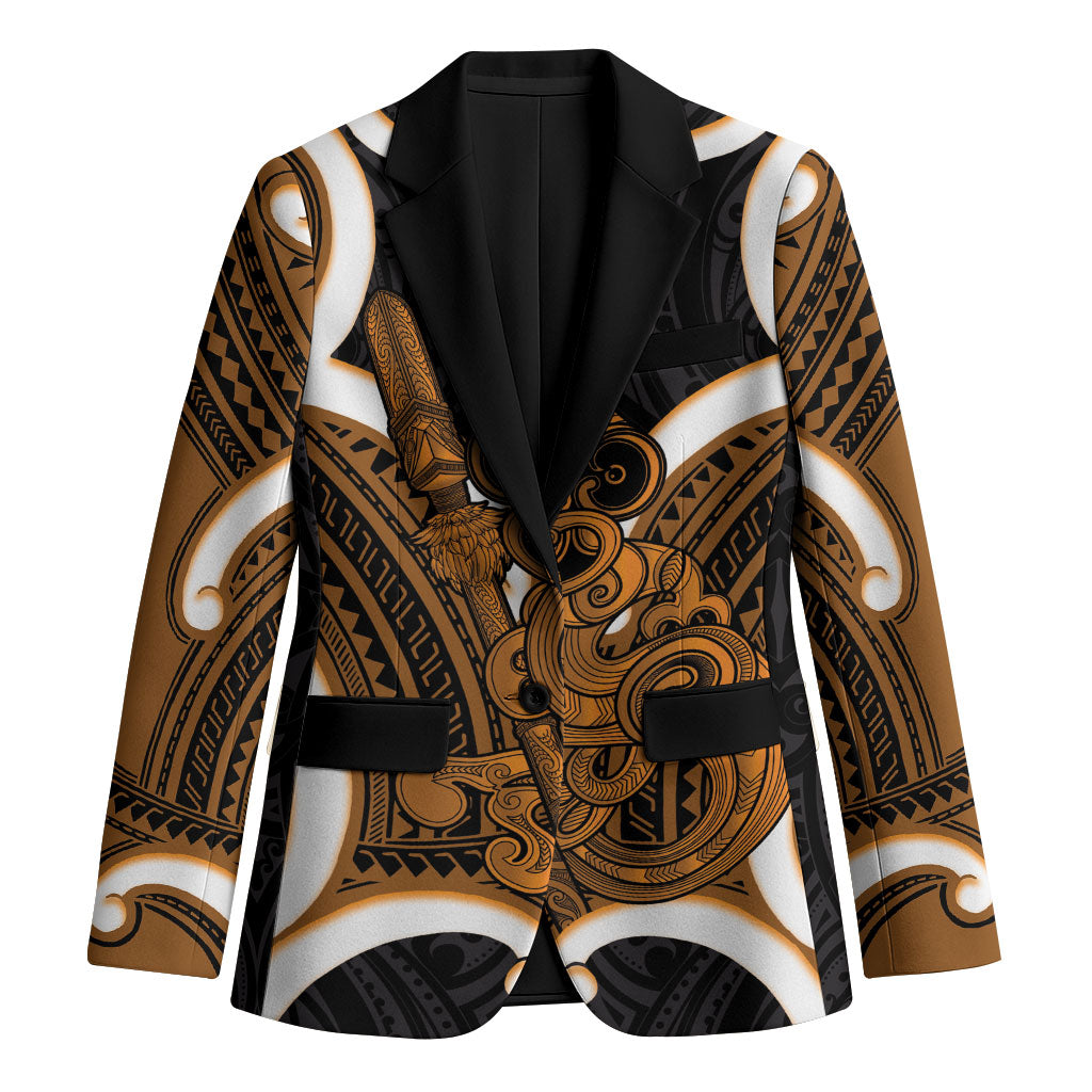 Karaka Aotearoa Atua Tumatauenga Personalised Blazer Maori God Of War Tiki With Taiaha LT14 Unisex Orange - Polynesian Pride
