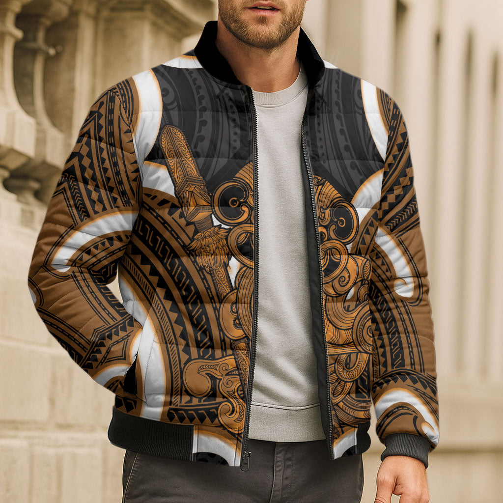Karaka Aotearoa Atua Tumatauenga Personalised Bomber Puffer Jacket Maori God Of War Tiki With Taiaha LT14 - Polynesian Pride