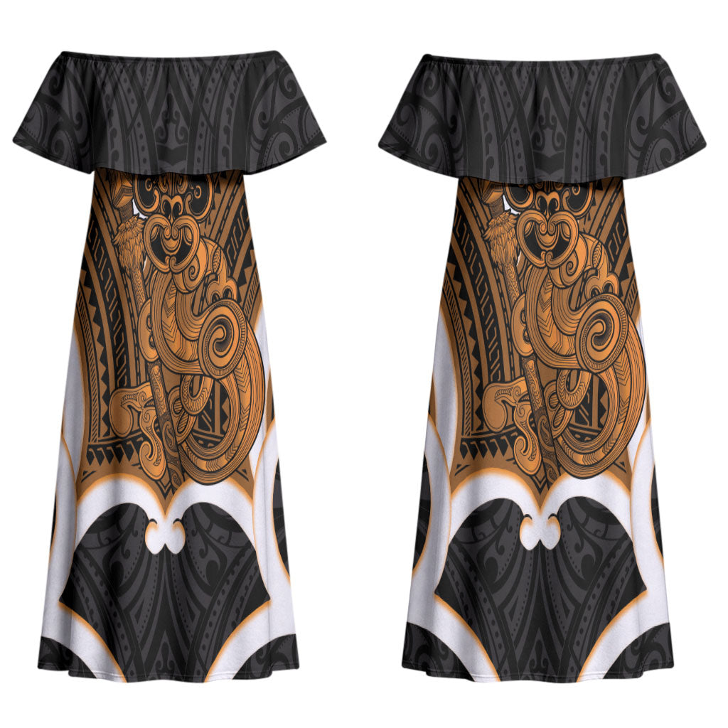 Karaka Aotearoa Atua Tumatauenga Personalised Couples Matching Off Shoulder Maxi Dress and Long Sleeve Button Shirt Maori God Of War Tiki With Taiaha LT14 - Polynesian Pride