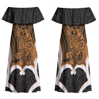 Karaka Aotearoa Atua Tumatauenga Personalised Couples Matching Off Shoulder Maxi Dress and Long Sleeve Button Shirt Maori God Of War Tiki With Taiaha LT14 - Polynesian Pride