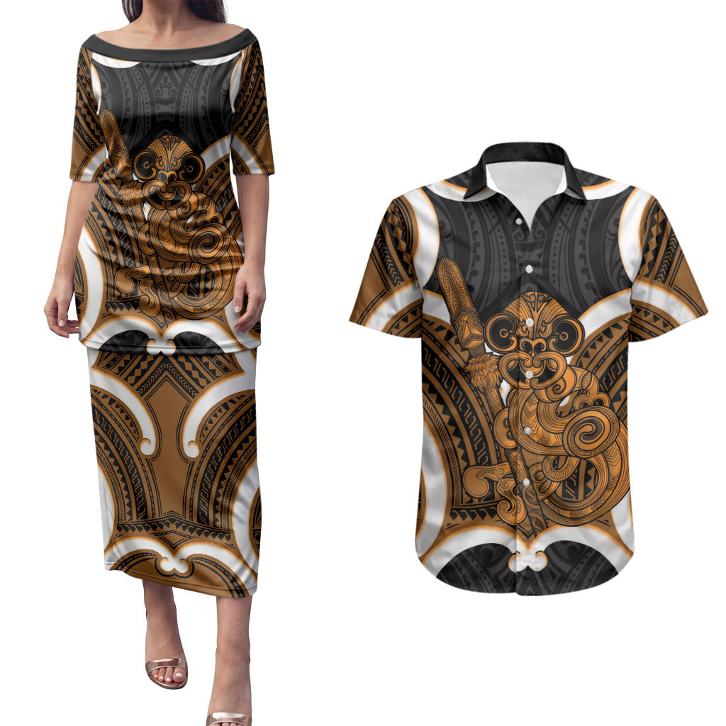Karaka Aotearoa Atua Tumatauenga Personalised Couples Matching Puletasi and Hawaiian Shirt Maori God Of War Tiki With Taiaha LT14 Orange - Polynesian Pride