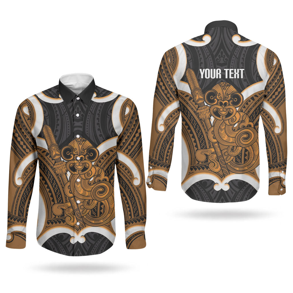 Karaka Aotearoa Atua Tumatauenga Personalised Couples Matching Puletasi and Long Sleeve Button Shirt Maori God Of War Tiki With Taiaha LT14 - Polynesian Pride