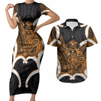 Karaka Aotearoa Atua Tumatauenga Personalised Couples Matching Short Sleeve Bodycon Dress and Hawaiian Shirt Maori God Of War Tiki With Taiaha LT14 Orange - Polynesian Pride