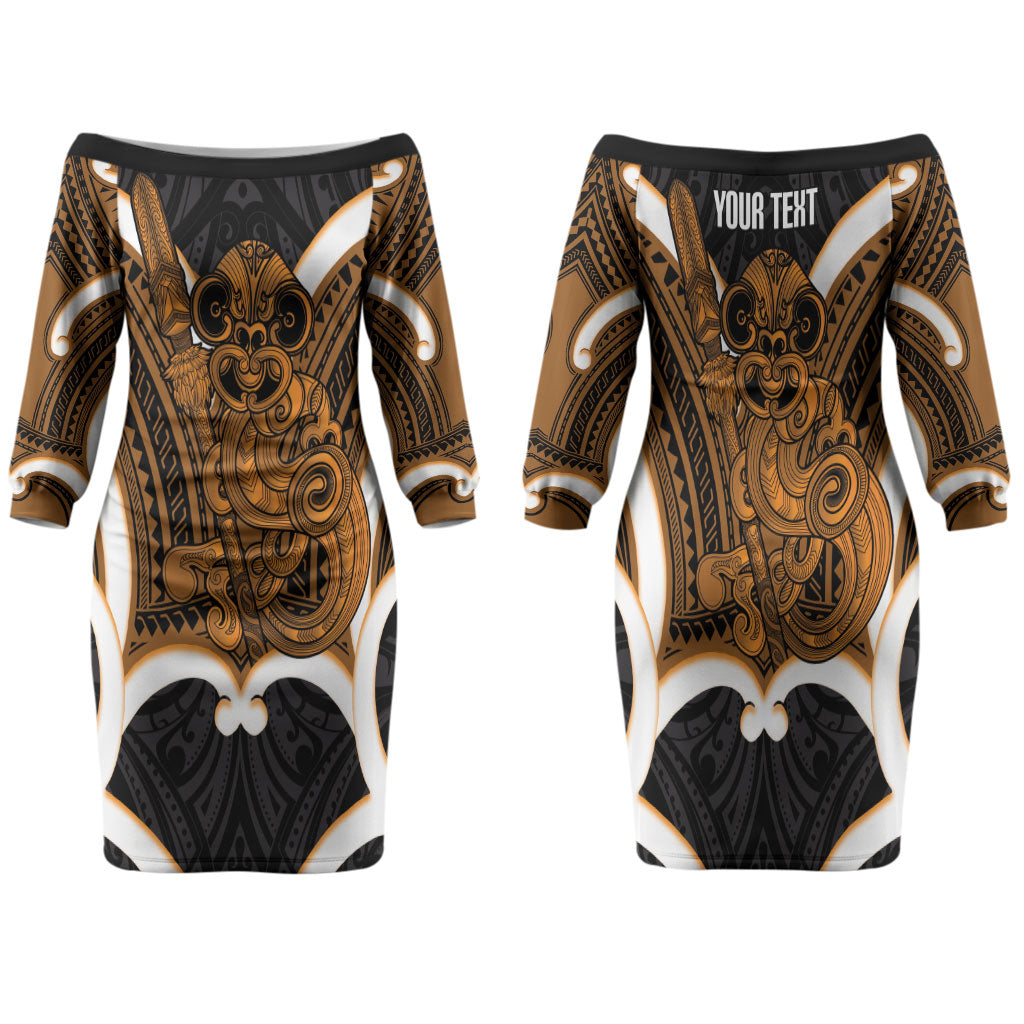 Karaka Aotearoa Atua Tumatauenga Personalised Family Matching Off The Shoulder Long Sleeve Dress and Hawaiian Shirt Maori God Of War Tiki With Taiaha LT14 Mom's Dress Orange - Polynesian Pride
