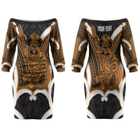 Karaka Aotearoa Atua Tumatauenga Personalised Family Matching Off The Shoulder Long Sleeve Dress and Hawaiian Shirt Maori God Of War Tiki With Taiaha LT14 Mom's Dress Orange - Polynesian Pride