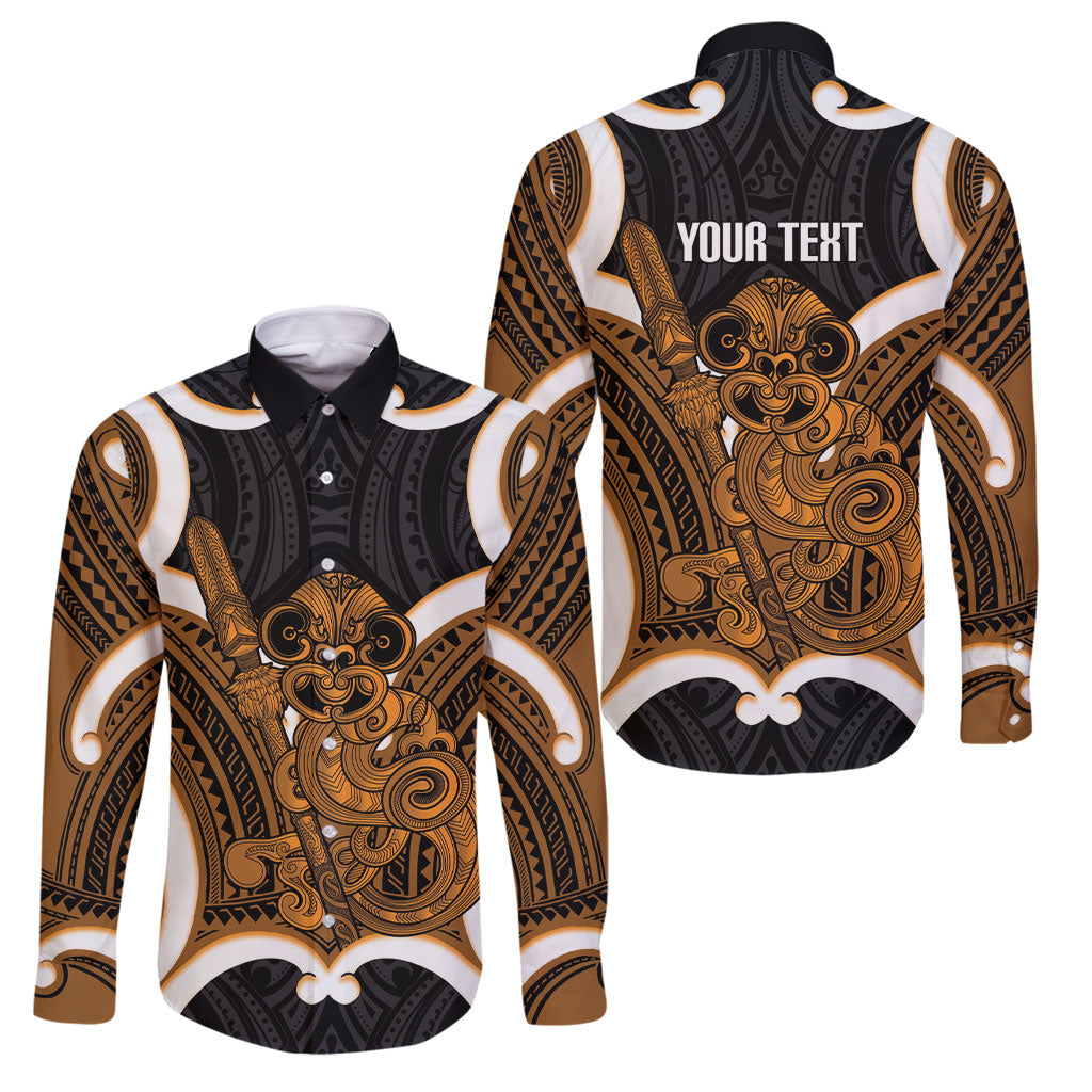 Karaka Aotearoa Atua Tumatauenga Personalised Family Matching Off Shoulder Maxi Dress and Hawaiian Shirt Maori God Of War Tiki With Taiaha LT14 Dad's Shirt - Long Sleeve Orange - Polynesian Pride