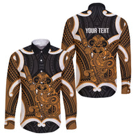 Karaka Aotearoa Atua Tumatauenga Personalised Family Matching Off Shoulder Maxi Dress and Hawaiian Shirt Maori God Of War Tiki With Taiaha LT14 Dad's Shirt - Long Sleeve Orange - Polynesian Pride