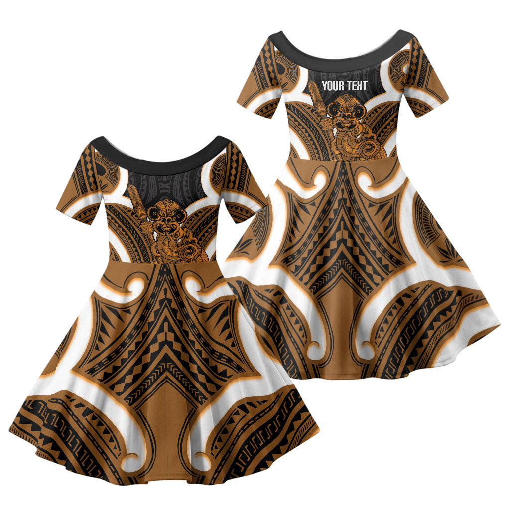 Karaka Aotearoa Atua Tumatauenga Personalised Family Matching Off Shoulder Maxi Dress and Hawaiian Shirt Maori God Of War Tiki With Taiaha LT14 Daughter's Dress Orange - Polynesian Pride