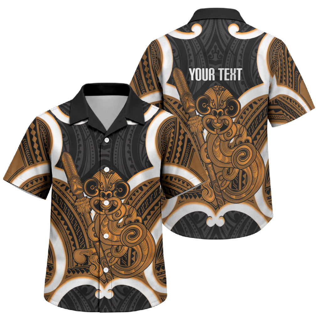 Karaka Aotearoa Atua Tumatauenga Personalised Family Matching Off Shoulder Maxi Dress and Hawaiian Shirt Maori God Of War Tiki With Taiaha LT14 Son's Shirt Orange - Polynesian Pride