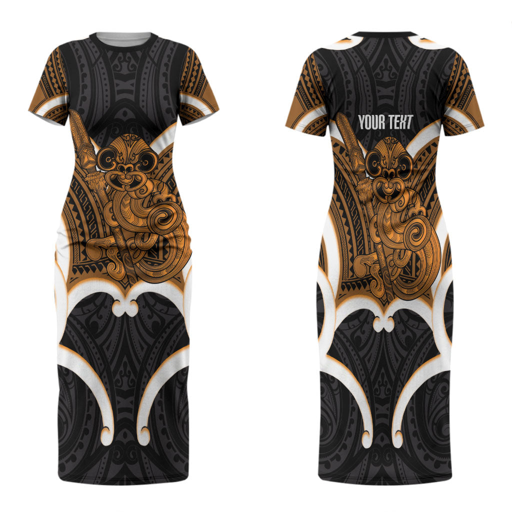 Karaka Aotearoa Atua Tumatauenga Personalised Family Matching Short Sleeve Bodycon Dress and Hawaiian Shirt Maori God Of War Tiki With Taiaha LT14 Mom's Dress Orange - Polynesian Pride