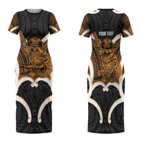 Karaka Aotearoa Atua Tumatauenga Personalised Family Matching Short Sleeve Bodycon Dress and Hawaiian Shirt Maori God Of War Tiki With Taiaha LT14 Mom's Dress Orange - Polynesian Pride