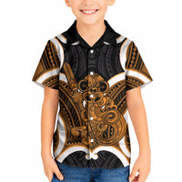 Karaka Aotearoa Atua Tumatauenga Personalised Kid Hawaiian Shirt Maori God Of War Tiki With Taiaha LT14 Kid Orange - Polynesian Pride