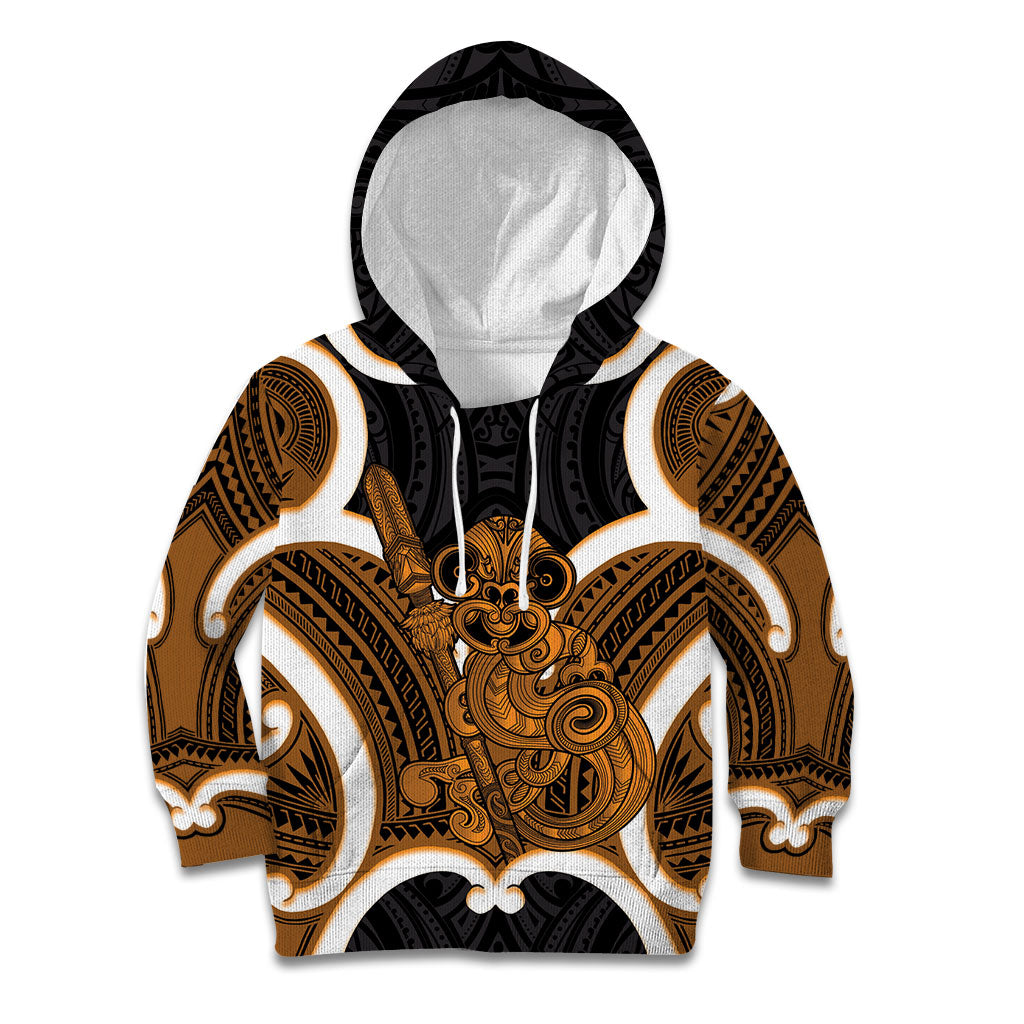 Karaka Aotearoa Atua Tumatauenga Personalised Kid Hoodie Maori God Of War Tiki With Taiaha LT14 Hoodie Orange - Polynesian Pride