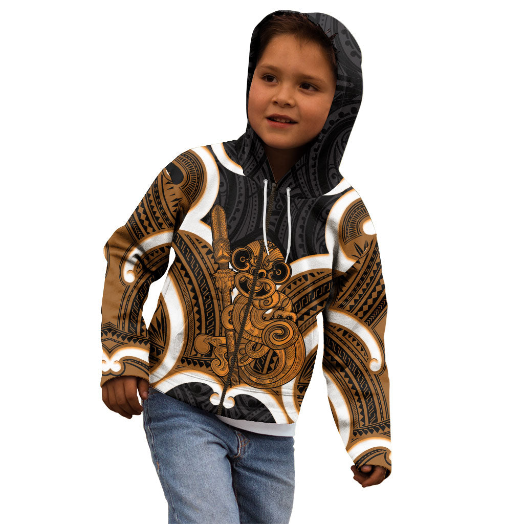 Karaka Aotearoa Atua Tumatauenga Personalised Kid Hoodie Maori God Of War Tiki With Taiaha LT14 - Polynesian Pride