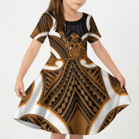 Karaka Aotearoa Atua Tumatauenga Personalised Kid Short Sleeve Dress Maori God Of War Tiki With Taiaha LT14 KID Orange - Polynesian Pride