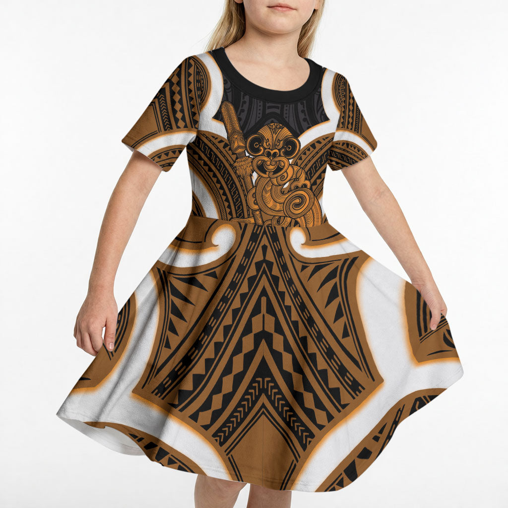 Karaka Aotearoa Atua Tumatauenga Personalised Kid Short Sleeve Dress Maori God Of War Tiki With Taiaha LT14 - Polynesian Pride