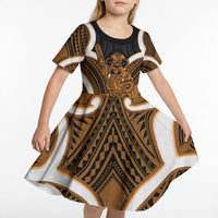 Karaka Aotearoa Atua Tumatauenga Personalised Kid Short Sleeve Dress Maori God Of War Tiki With Taiaha LT14 - Polynesian Pride