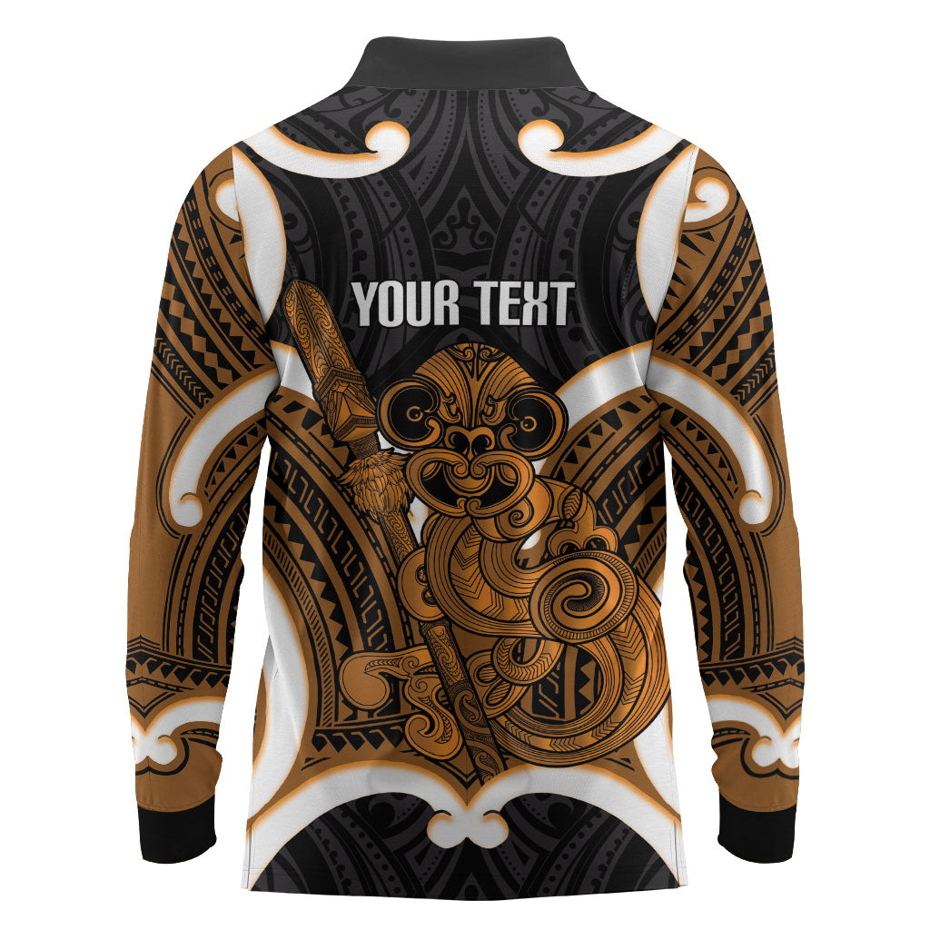 Karaka Aotearoa Atua Tumatauenga Personalised Long Sleeve Polo Shirt Maori God Of War Tiki With Taiaha LT14 - Polynesian Pride