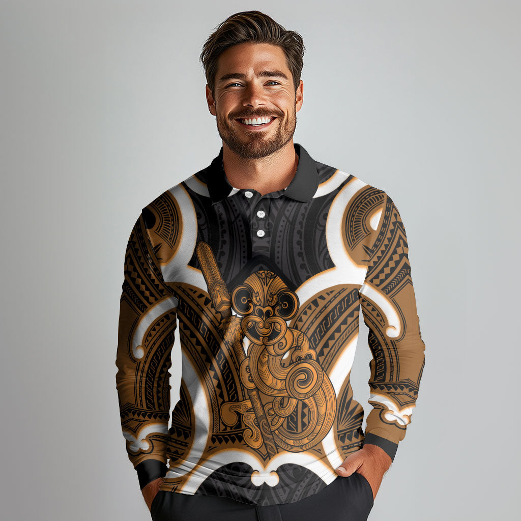 Karaka Aotearoa Atua Tumatauenga Personalised Long Sleeve Polo Shirt Maori God Of War Tiki With Taiaha LT14 - Polynesian Pride