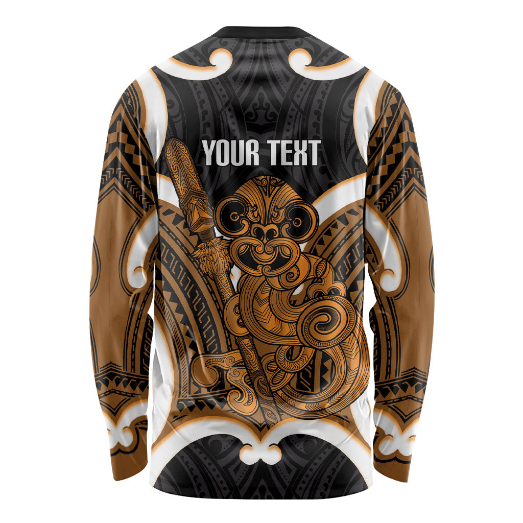 Karaka Aotearoa Atua Tumatauenga Personalised Long Sleeve Shirt Maori God Of War Tiki With Taiaha LT14 - Polynesian Pride