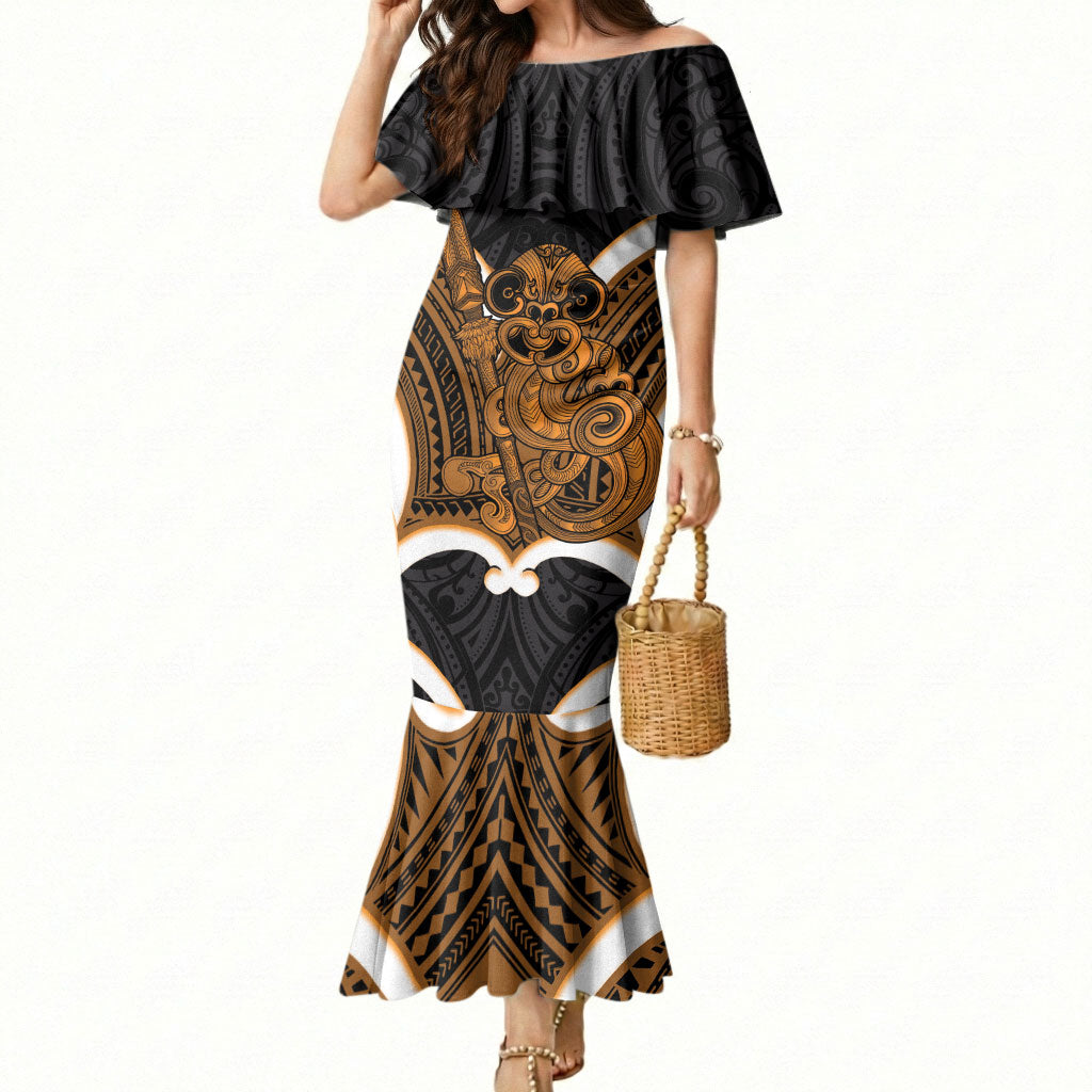 Karaka Aotearoa Atua Tumatauenga Personalised Mermaid Dress Maori God Of War Tiki With Taiaha LT14 Women Orange - Polynesian Pride