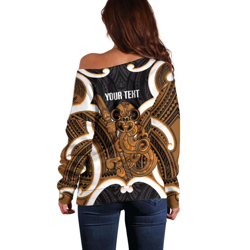 Karaka Aotearoa Atua Tumatauenga Personalised Off Shoulder Sweater Maori God Of War Tiki With Taiaha LT14 - Polynesian Pride