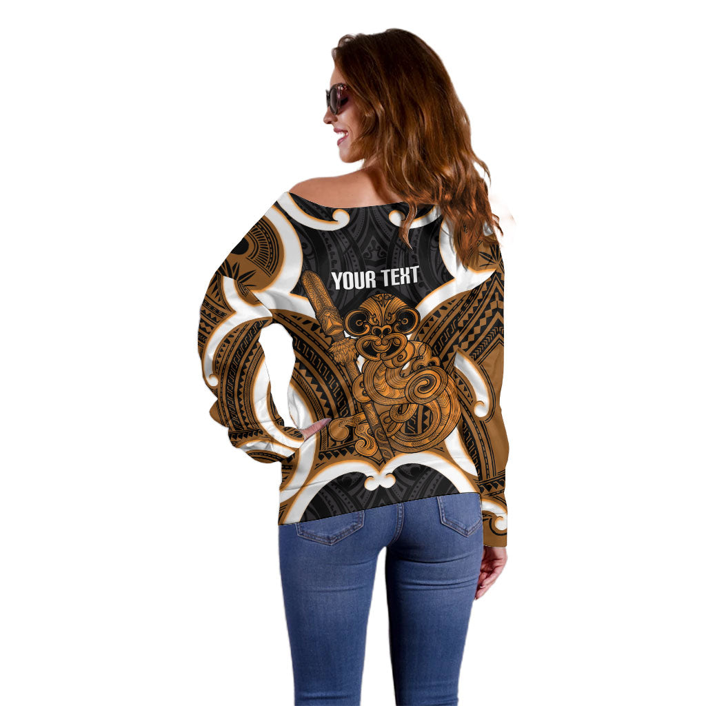 Karaka Aotearoa Atua Tumatauenga Personalised Off Shoulder Sweater Maori God Of War Tiki With Taiaha LT14 - Polynesian Pride