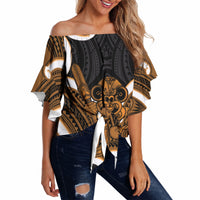 Karaka Aotearoa Atua Tumatauenga Personalised Off Shoulder Wrap Waist Top Maori God Of War Tiki With Taiaha LT14 Orange - Polynesian Pride